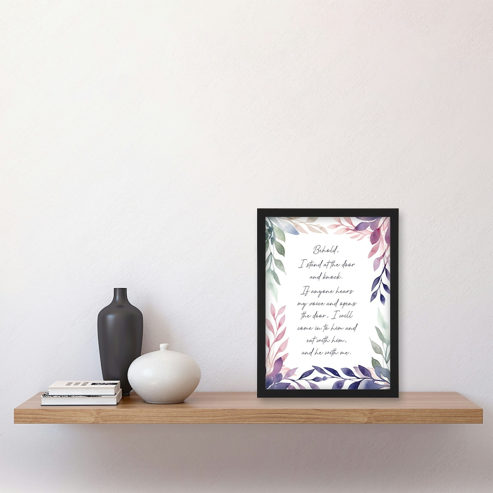 image 1 of Behold Stand At Door Knock Violet Revelations Bible Quote Black Framed Wall Art Print A8