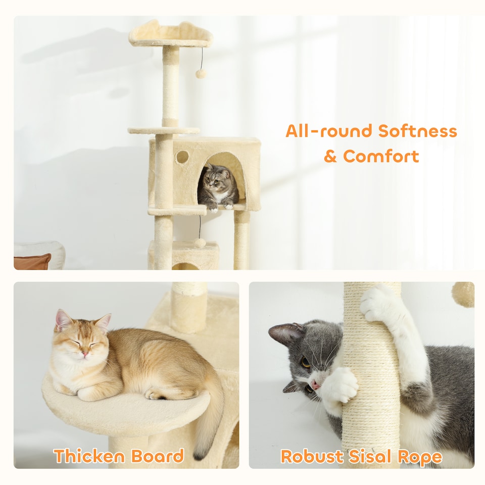 image 1 of PawHut 180cm Cat Tree, Multi-Level Large Cat Tower with 3 Sisal Scratching Posts, Condos, Plush Perches, Hammock, Ladder, Dangling Balls, Kitten Activity Centre for Kittens Playing Relaxing | Cream