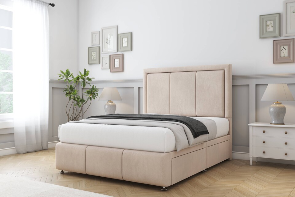 image 1 of Sloomy Lancaster Sand Naples Divan Bed Base No Drawers With 26 Inch Strutted Headboard & 12 Inch Matching Footboard | Cream | Sand | King | 1
