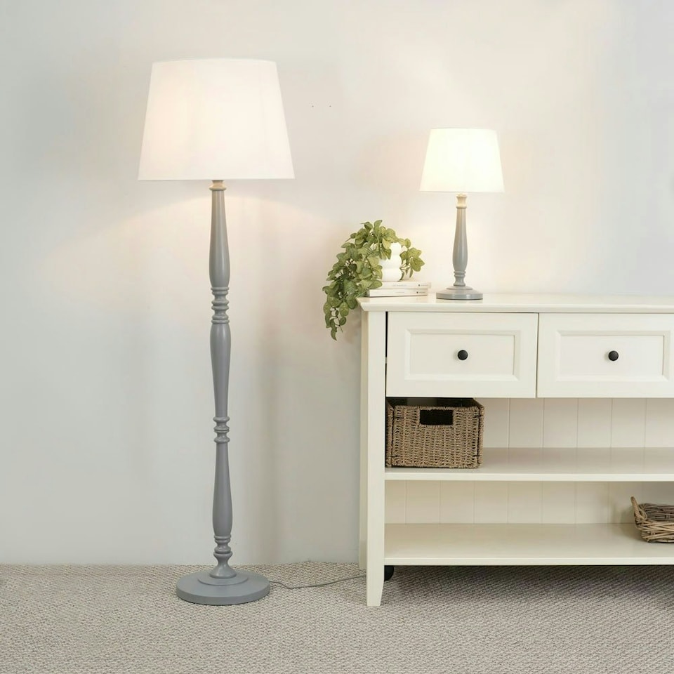 image 1 of ValueLights Victoria Grey Wood Traditional Stem Floor Lamp with White Fabric Tapered Shade and LED Bulb