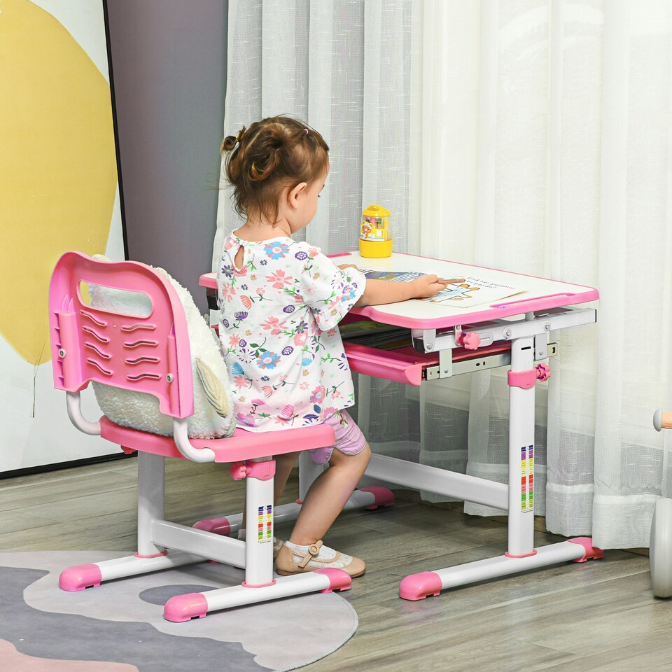 image 1 of HOMCOM Kids Desk and Chair Set w/ Drawer, Pen Slot Hook - Pink Grey