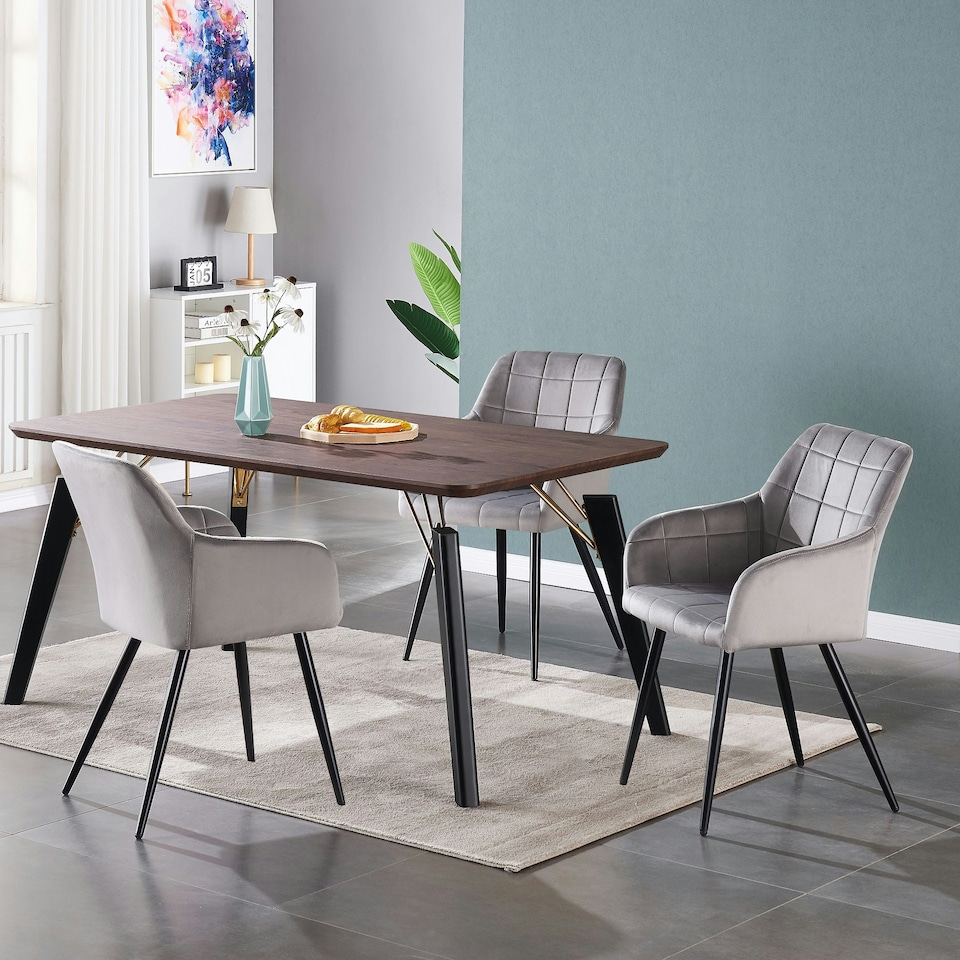 image 1 of Set of 6 Camden Modern Velvet Dining Chairs with Armrests, Quilted Design & Black Metal Legs Grey | Light Grey