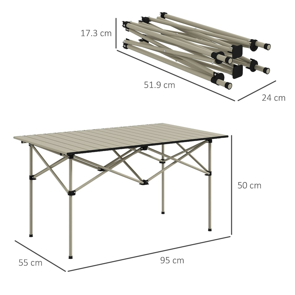 image 1 of Outsunny Portable Folding Camping Table w/ Roll Up Aluminium Top Carry Bag Khaki