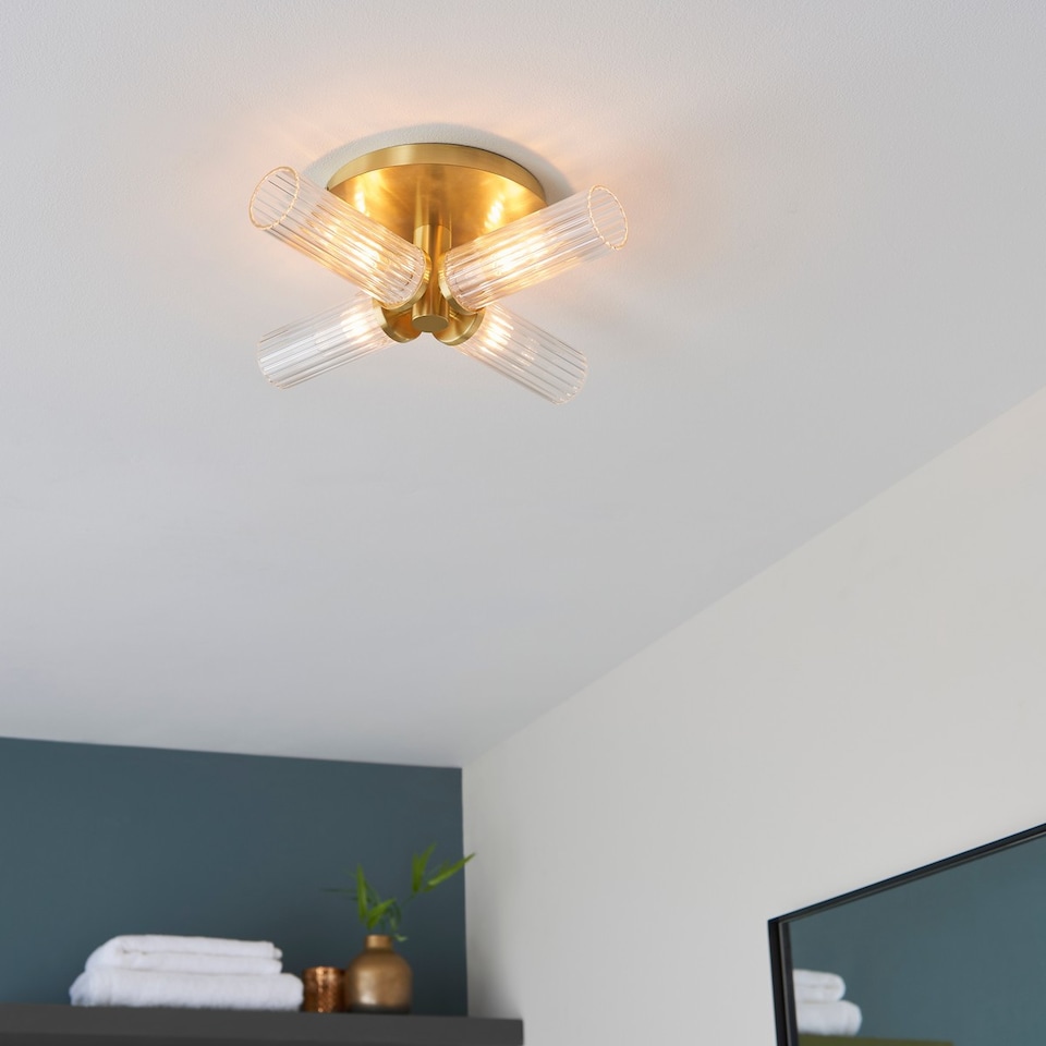 image 1 of Talo Bathroom Multi Arm Glass Semi Flush Ceiling Lamp, Satin Brass Plate, Ribbed Glass, IP44
