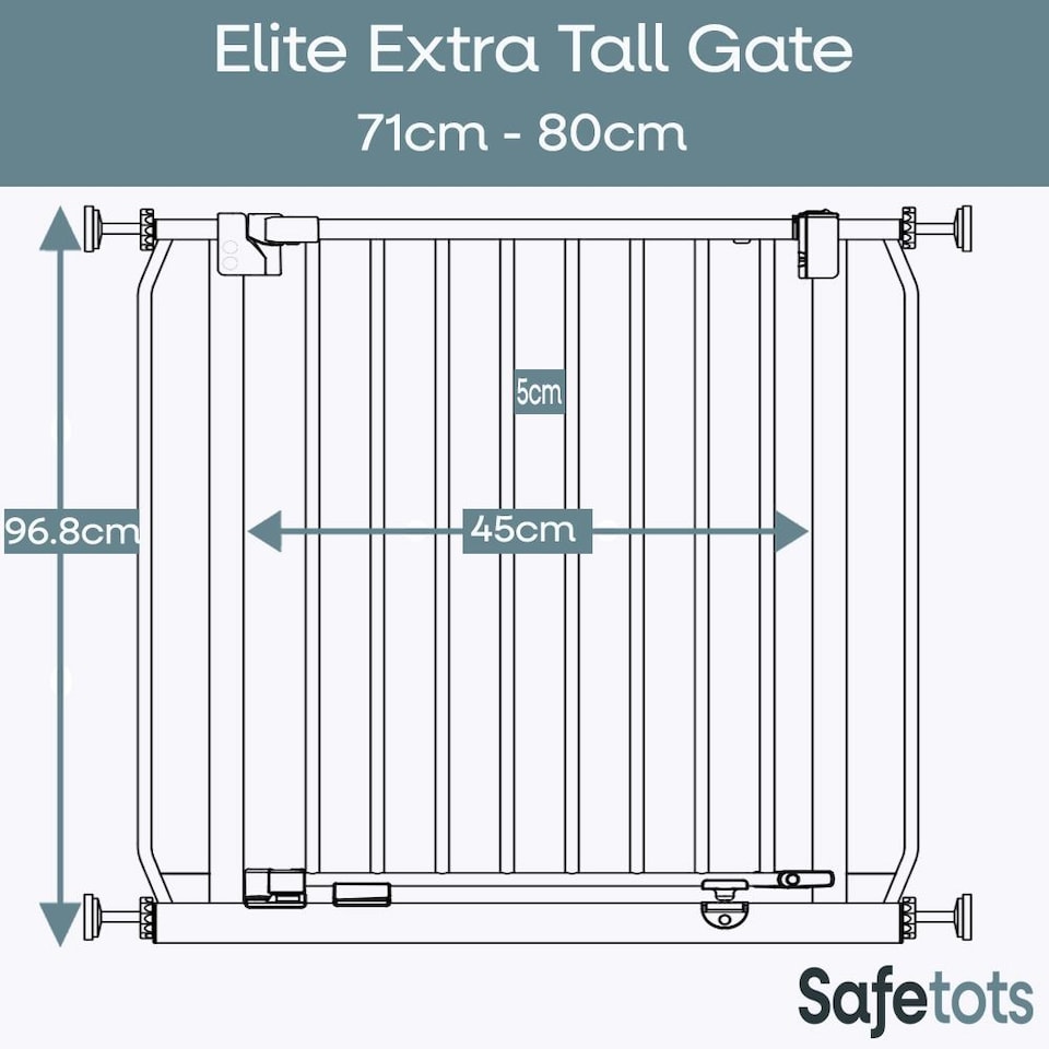 image 1 of Safetots Extra Tall Elite Safety Gate, 71cm - 80cm, Matt Grey, Extra Tall 96.8cm in Height, Pressure Fit Stair Gate