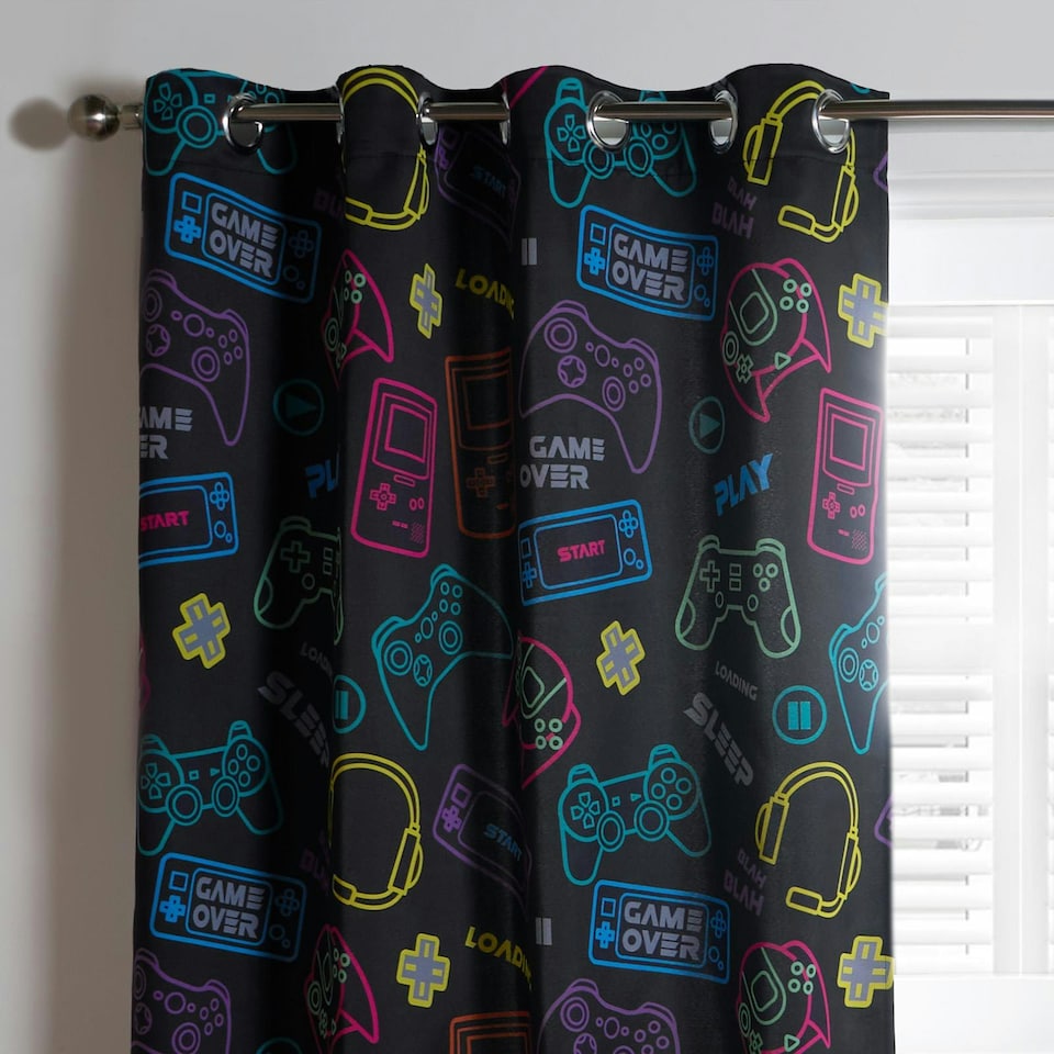 image 1 of OHS Kids Gaming Print Blackout Lined Eyelet Curtains, 46x54" - Black