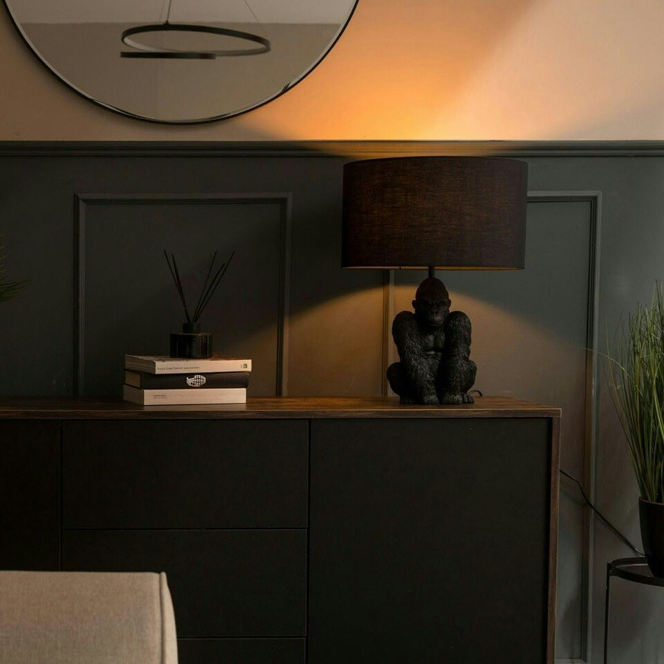image 1 of ValueLights Gus Painted Black Table Lamp with Medium Natural Drum Shade and E27 Globe LED 4W Warm White 2700K Bulb