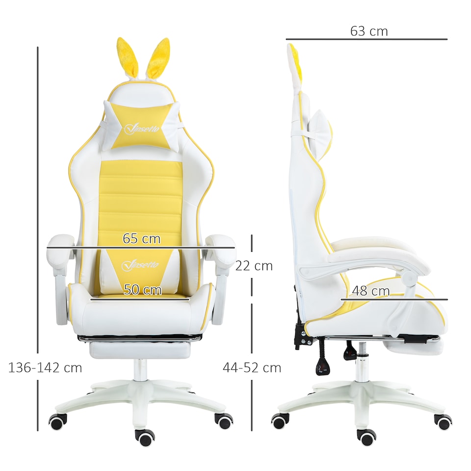 image 1 of Vinsetto Reclining Racing Gaming Chair with Headrest and Lumber Support, PU Leather Computer Chair with Removable Rabbit Ears, Footrest, Yellow