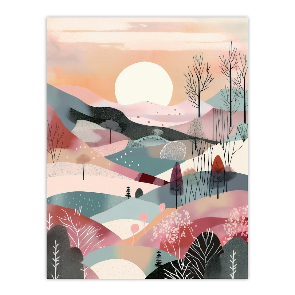 image 1 of Sunrise Over Countryside Hills Boho Winter Black Framed Wall Art Print A4
