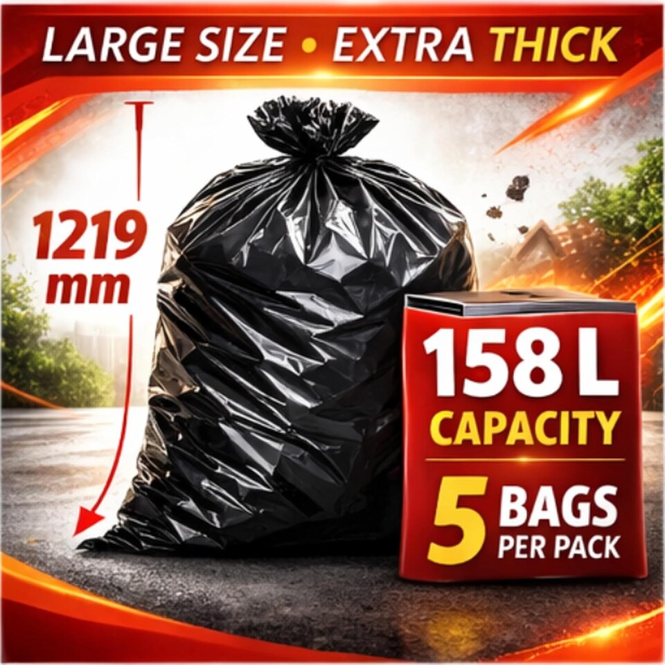 image 1 of Hero Ultimate Heavy Duty Bin Bags 158L Extra Large Refuse Sacks Black 5 Pack 90kg Load Capacity Recycled Plastic