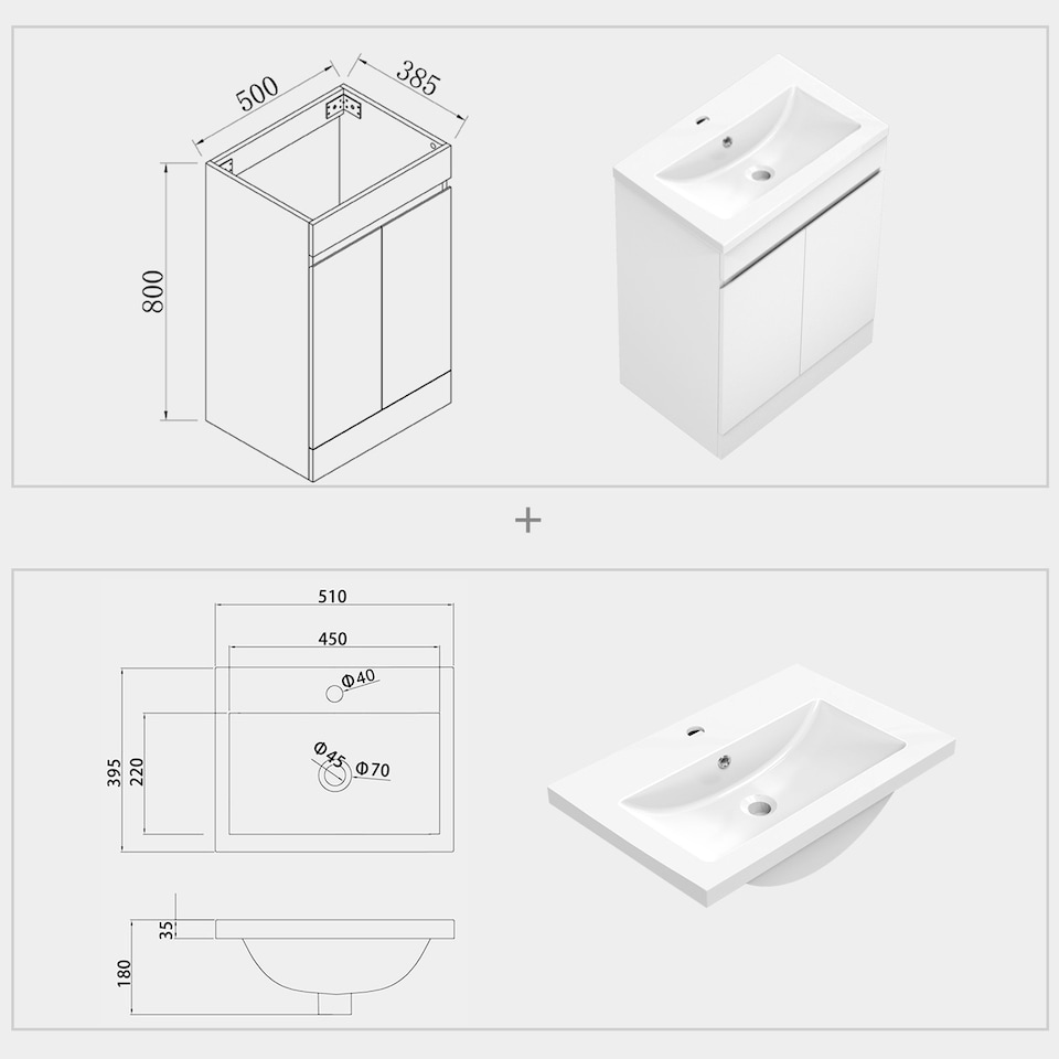 image 1 of AICA 500mm Gloss White Bathroom Vanity Unit With Basin Double Door Floor Standing Design Flat Packed