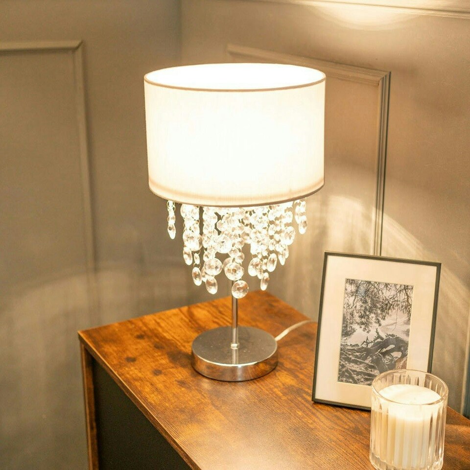 image 1 of ValueLights Lulu Grey Fabric Table Lamp with Acrylic Jewel Droplet Drum Shade Bedside Lamp - Bulb Included