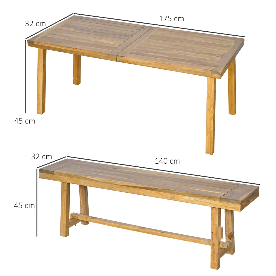 image 1 of Outsunny 3 Pieces Picnic Bench Set with Table and 2 Benches, Acacia wood Dining Trestle Beer Table and Seat, Natural Wood Finish