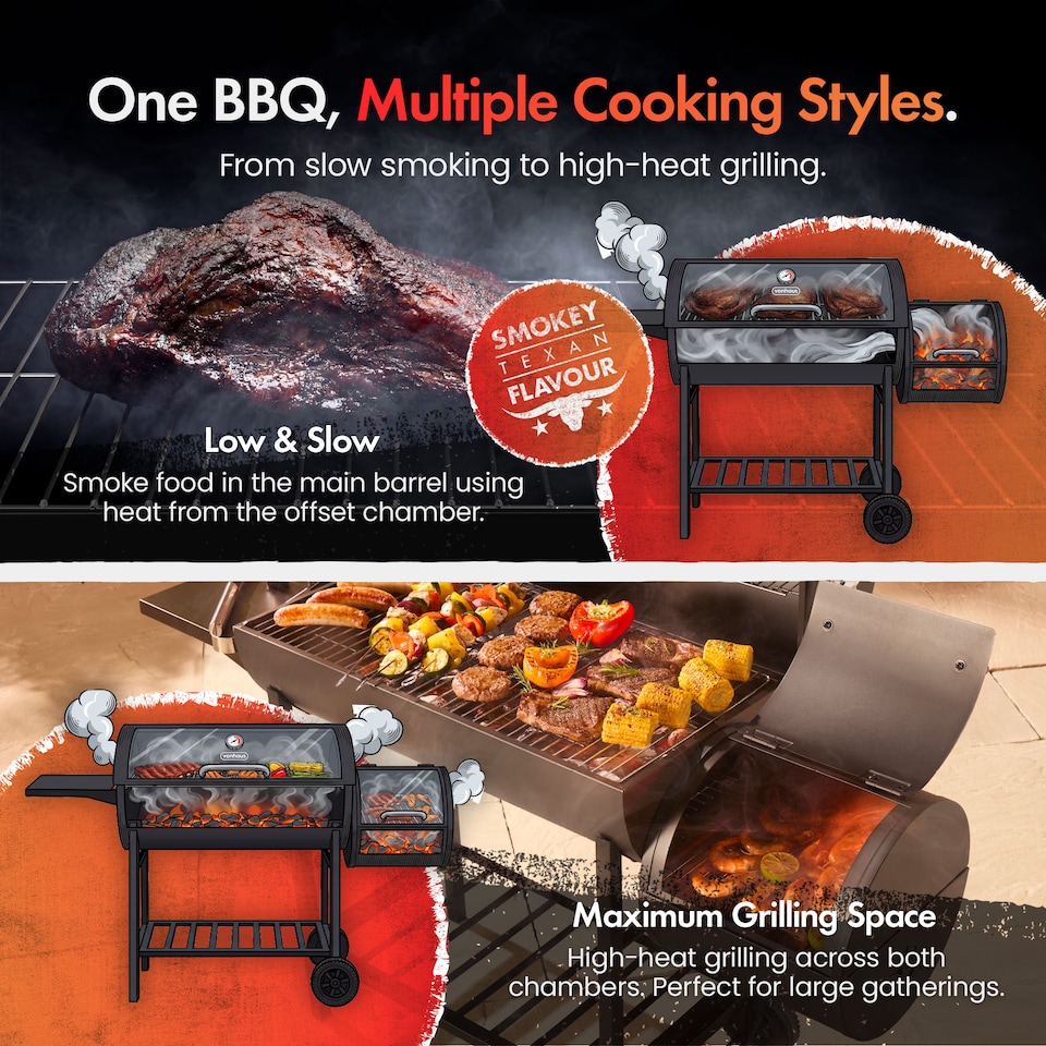 image 1 of VonHaus Charcoal BBQ, Barrel Barbecue with Offset Smoker