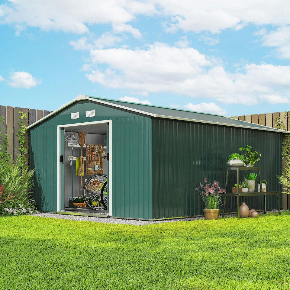 image 1 of Outsunny 13 x 11ft Garden Shed Storage with Foundation Kit and Vents, Green