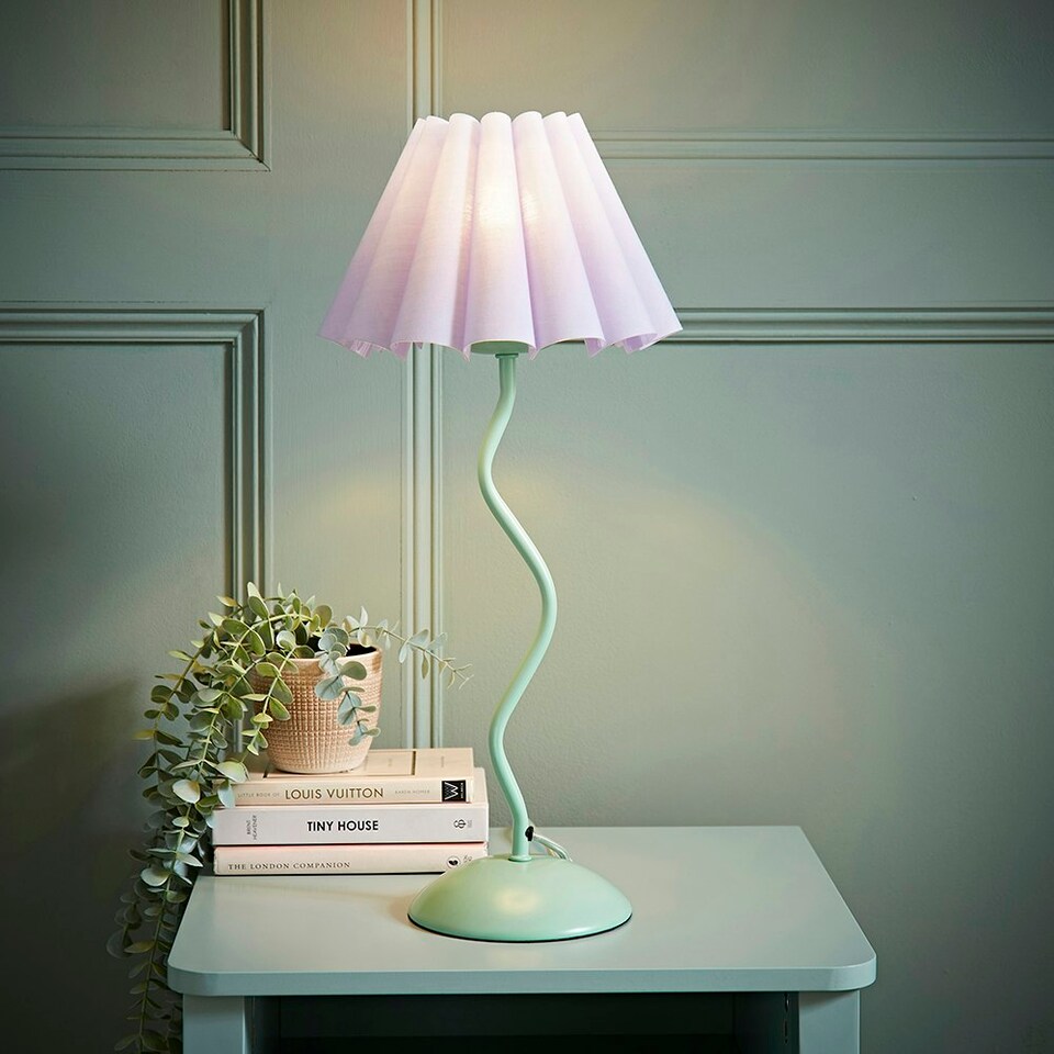 image 1 of ValueLights Wiggle Lilac Pleated Scallop Lamp Shade Moss Green Metal Table Lamp and LED Bulb | Green | Purple