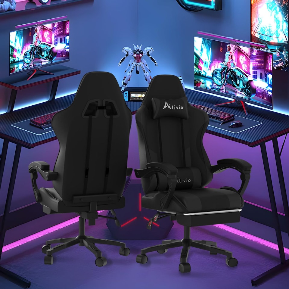 image 1 of Alivio Ergonomic Gaming Chair with Massage Lumbar Cushion & Retractable Footrest, PU Leather Video Game Chair (Black)