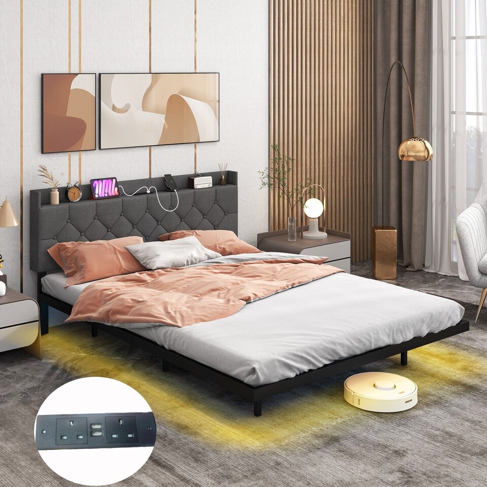 image 1 of COSTWAY King Size Floating Bed Frame with Charging Grey