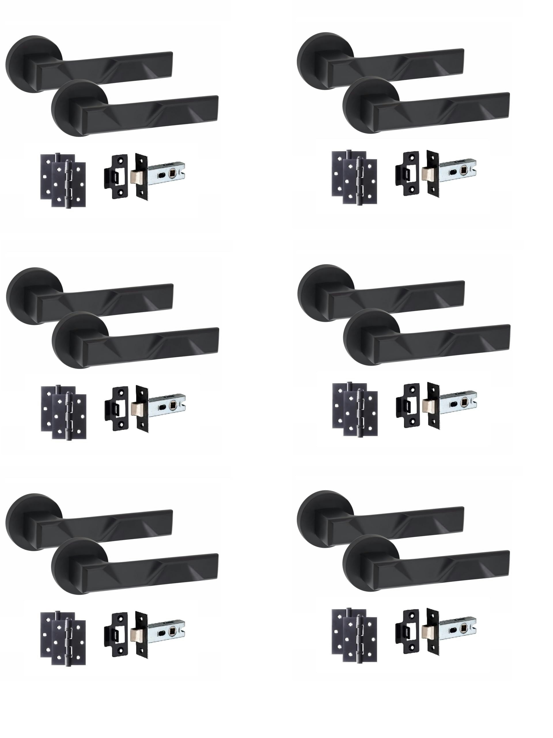 Golden Grace 6 Pairs Modern Nova Design Premium Door Handles on Round Rose in Matt Black Finish with 3" Ball Bearing Hinges and 2.5" Tubular Latch Bla