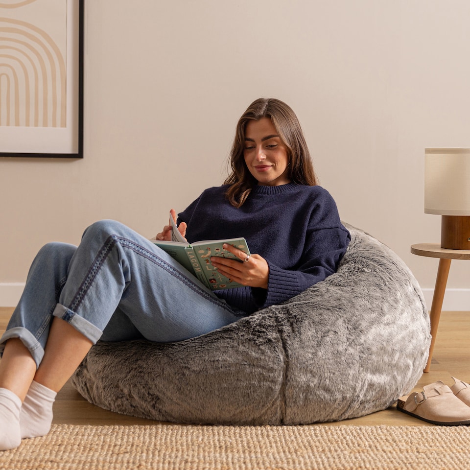 image 1 of Fluffy Giant Bean Bag Chair Adult - Grey with Bean Bag Filling | Grey | Arctic Wolf Grey | 1