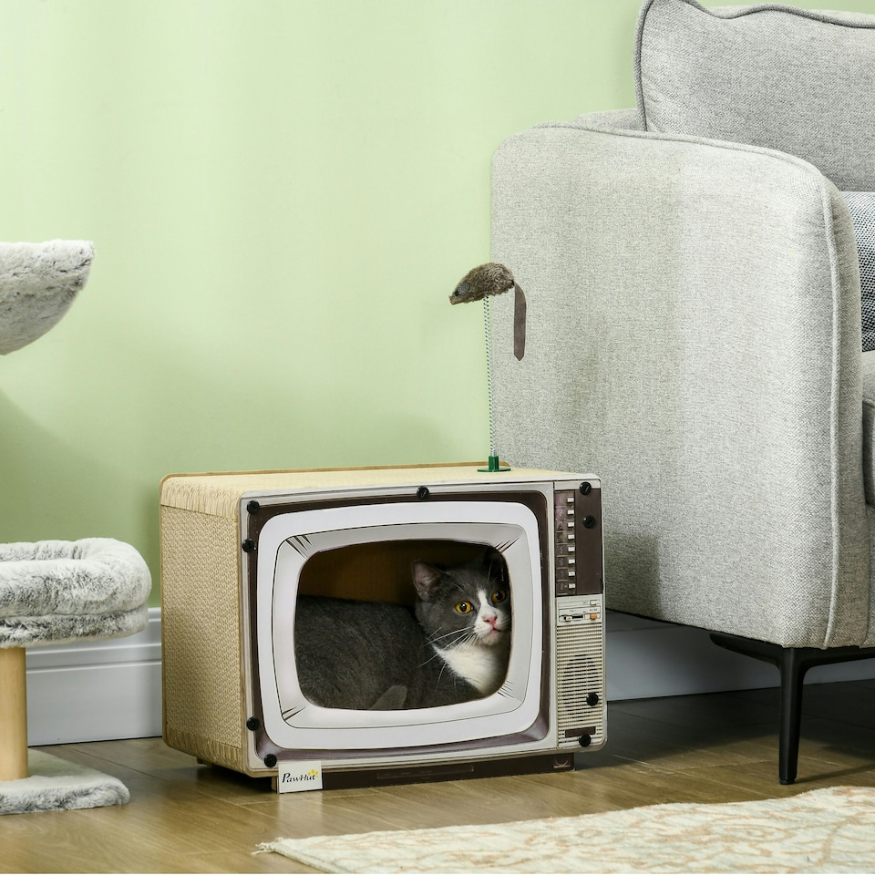 image 1 of PawHut TV-Shaped Cat House, Cardboard with Scratcher Catnip Toy Mouse