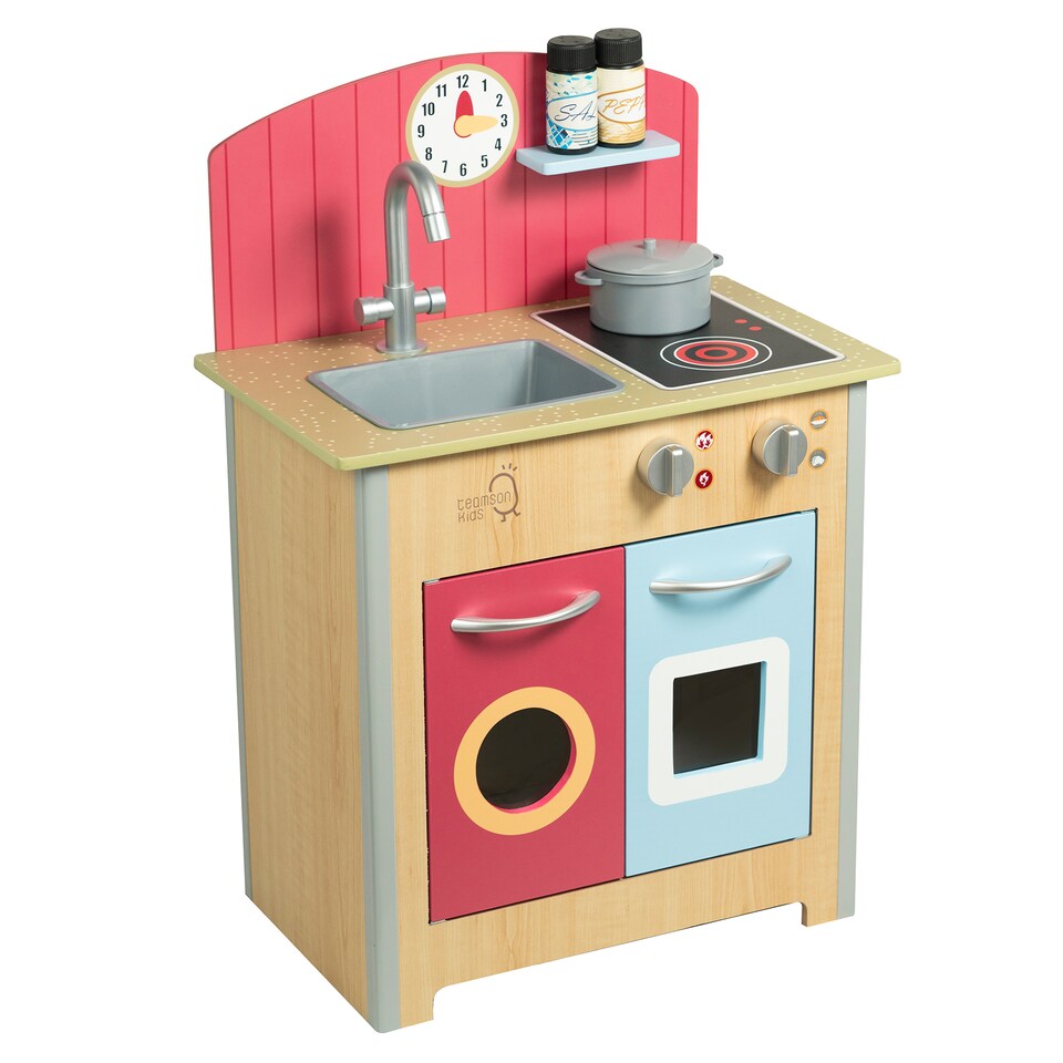 image 1 of Teamson Kids Wooden Play Kitchen with 4 Accessories, Red, Porto
