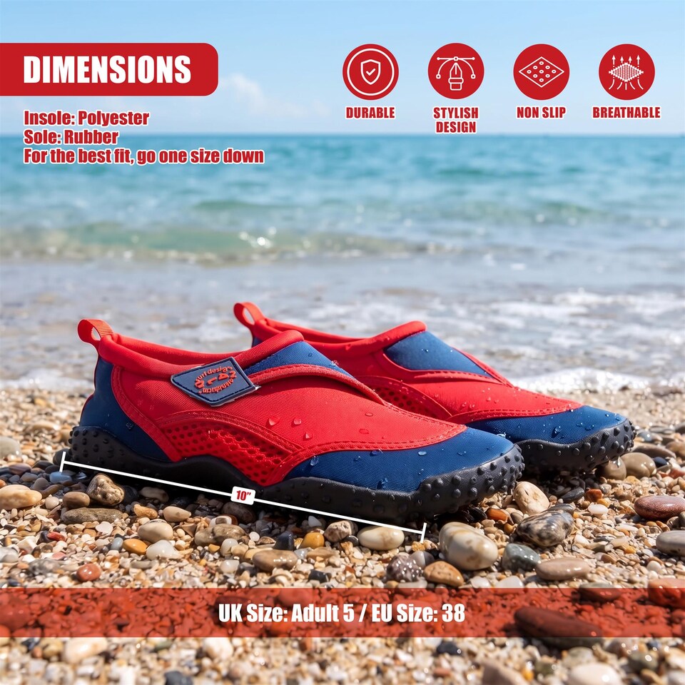 image 1 of GEEZY Aqua Water Shoes, Unisex, Beach Surfing Holidays - Red, UK Adult 5