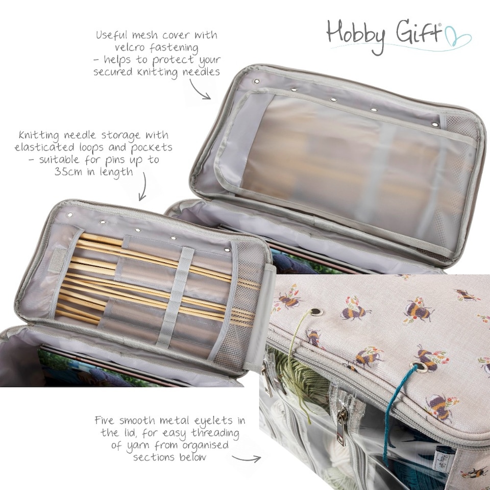 image 1 of Hobby Gift Knitting Bag with Yarn Storage - Bee Design, 25x40x30cm, Multi-Compartment, Crochet & Knitting