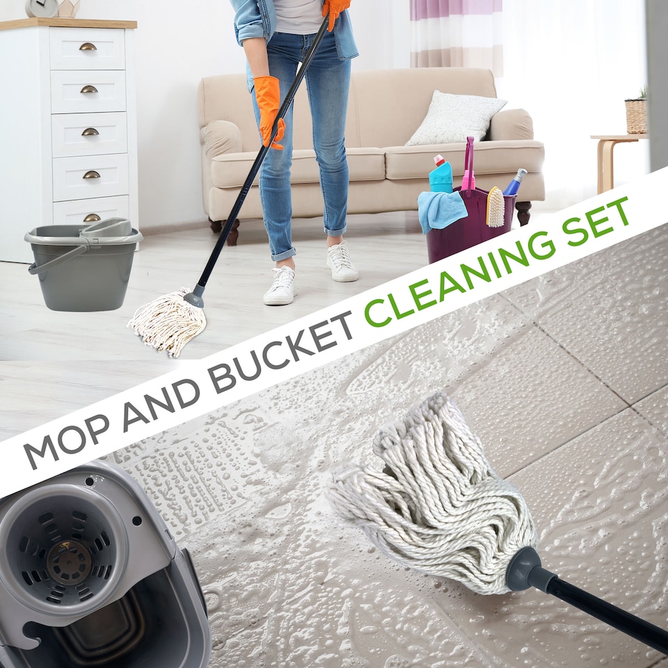 image 1 of Traditional Pure Cotton Mop and Bucket Set 12L Grey Floor Cleaner with Wringer