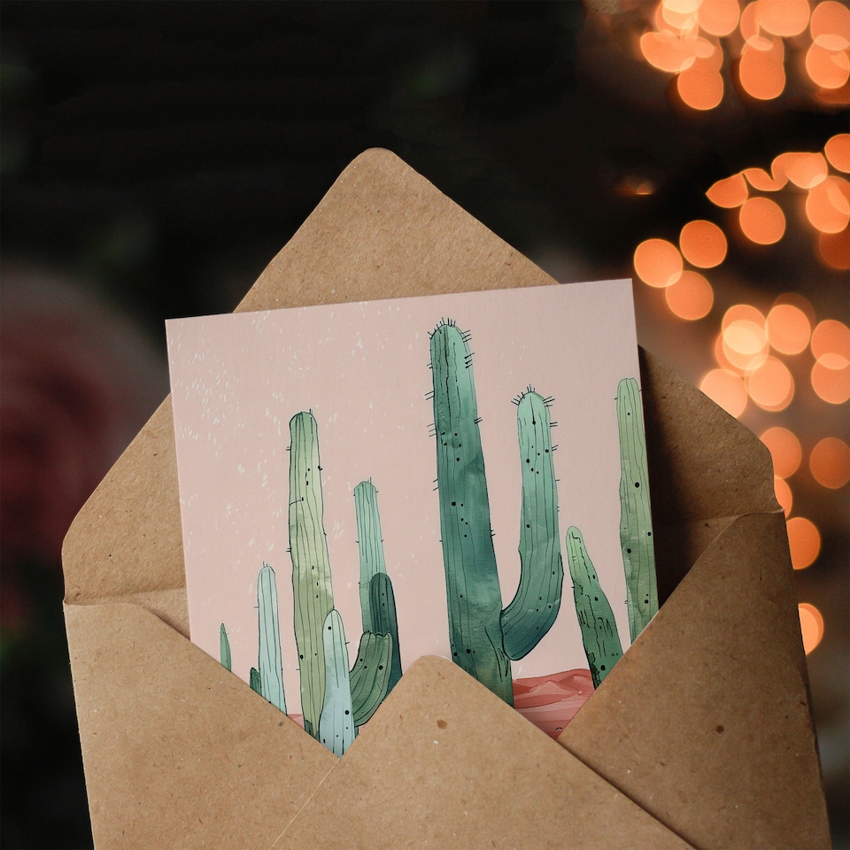 image 1 of Greeting Card Saguaro Cactus Pink Mexican Desert Landscape Farewell