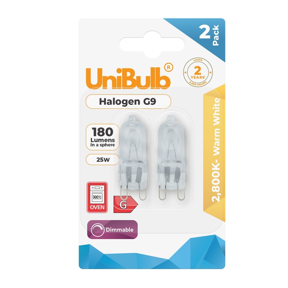 image 1 of UniBulb Halogen G9 Capsule 180lm 25W 2800K (Warm White) Light Bulb - Pack of 2
