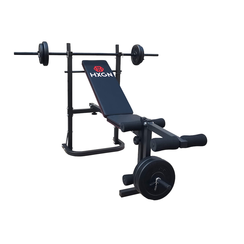 image 1 of HXGN Adjustable Barbell Bench with Leg Developer, Folding 4-Position Incline, 6 Foam Rollers (18 kg) | Black | RED | 18.0KILOGRAMS