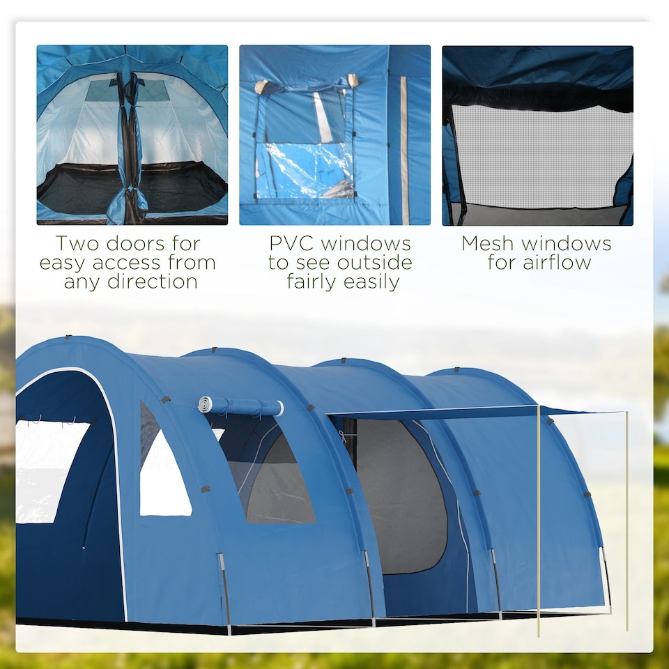 image 1 of Outsunny 5-6 Man Family Tent Camping Tent with 2 Room and Carry Bag, Blue