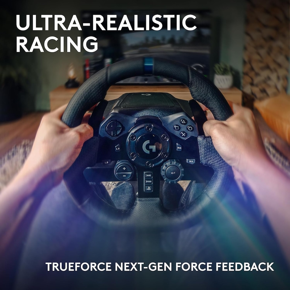 image 1 of Logitech G G923 Racing Wheel and Pedals, TRUEFORCE up to 1000 Hz Force Feedback, Responsive Driving Design, Dual Clutch Launch Control, Genuine Leather Wheel Cover, for PS5, PS4, PC, Mac - Black