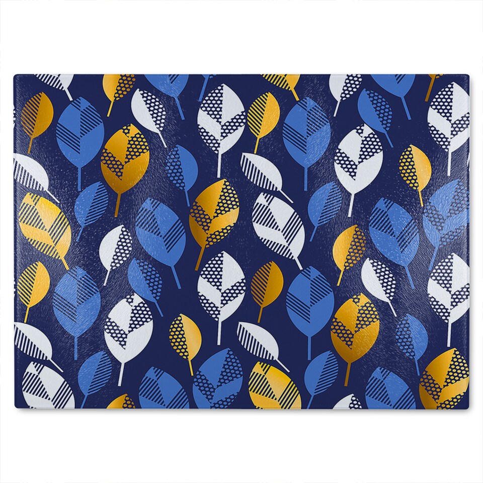 image 1 of White Blue & Gold Leaves On Navy Glass Chopping Board | Multi