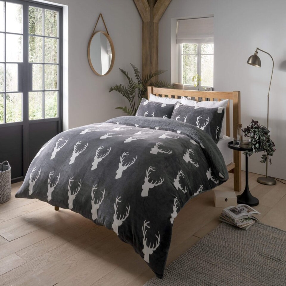 Check Reversible Teddy Duvet Set in Charcoal - Single Grey | Grey | Single
