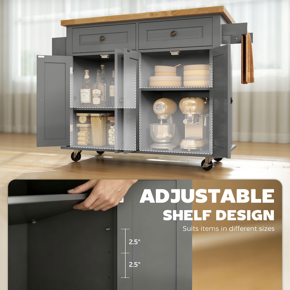 image 1 of HOMCOM Kitchen Island on Wheels, Rolling Kitchen Storage Trolley with Rubber Wood Top, Drawers, Adjustable Shelves, Towel and Spice Rack for Dining Room, Grey
