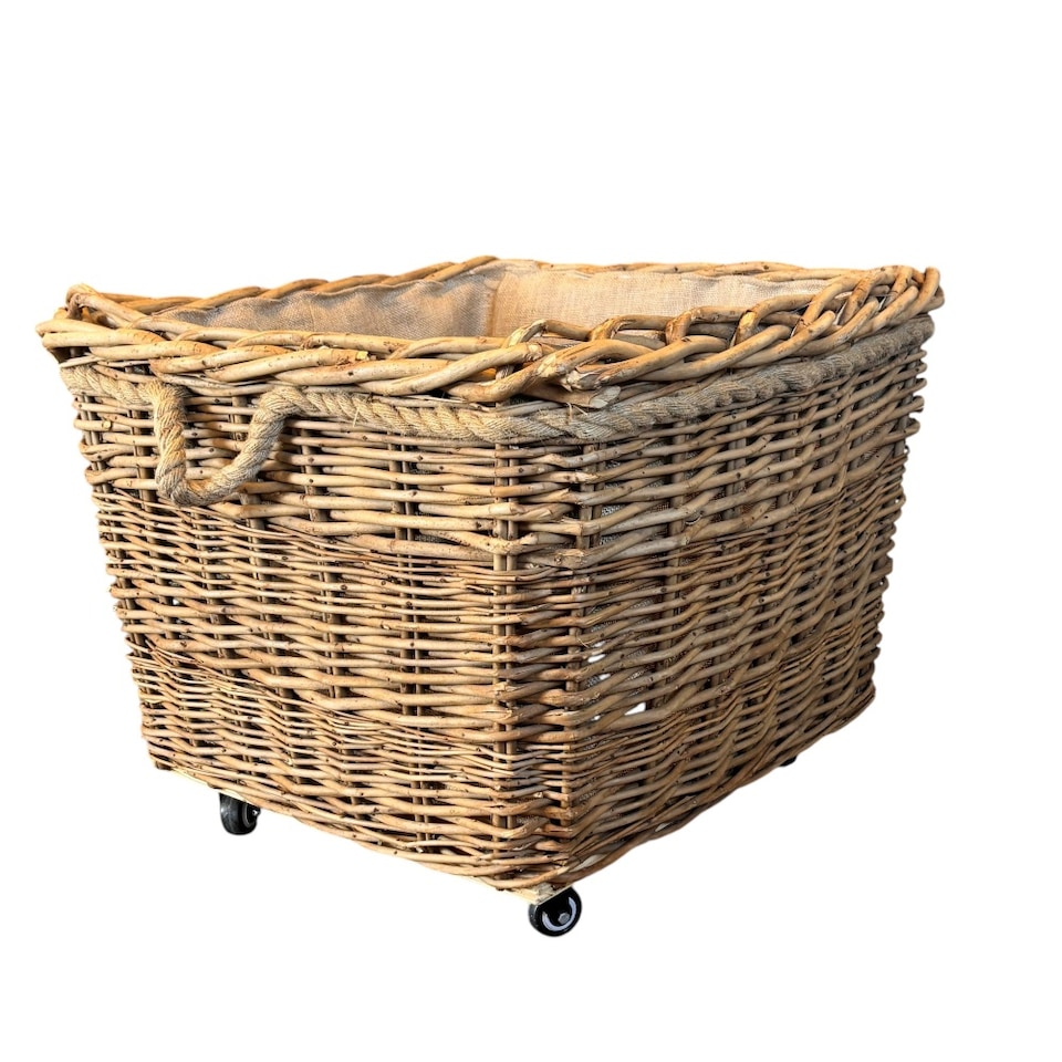 image 1 of Square Hessian Lined Wheeled Log Basket | Brown | Brown | L