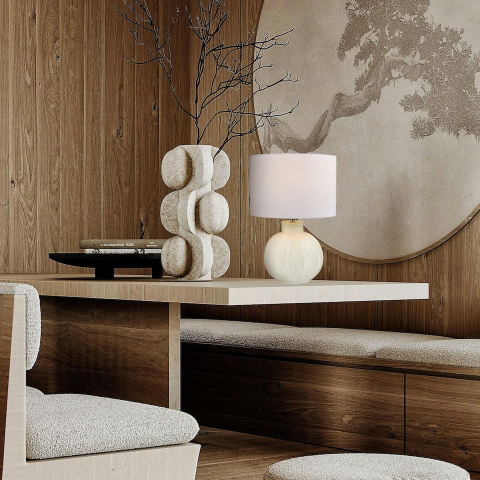 image 1 of Contemporary Opal White Glass Table Lamp in Leaf Design and Ivory White Shade