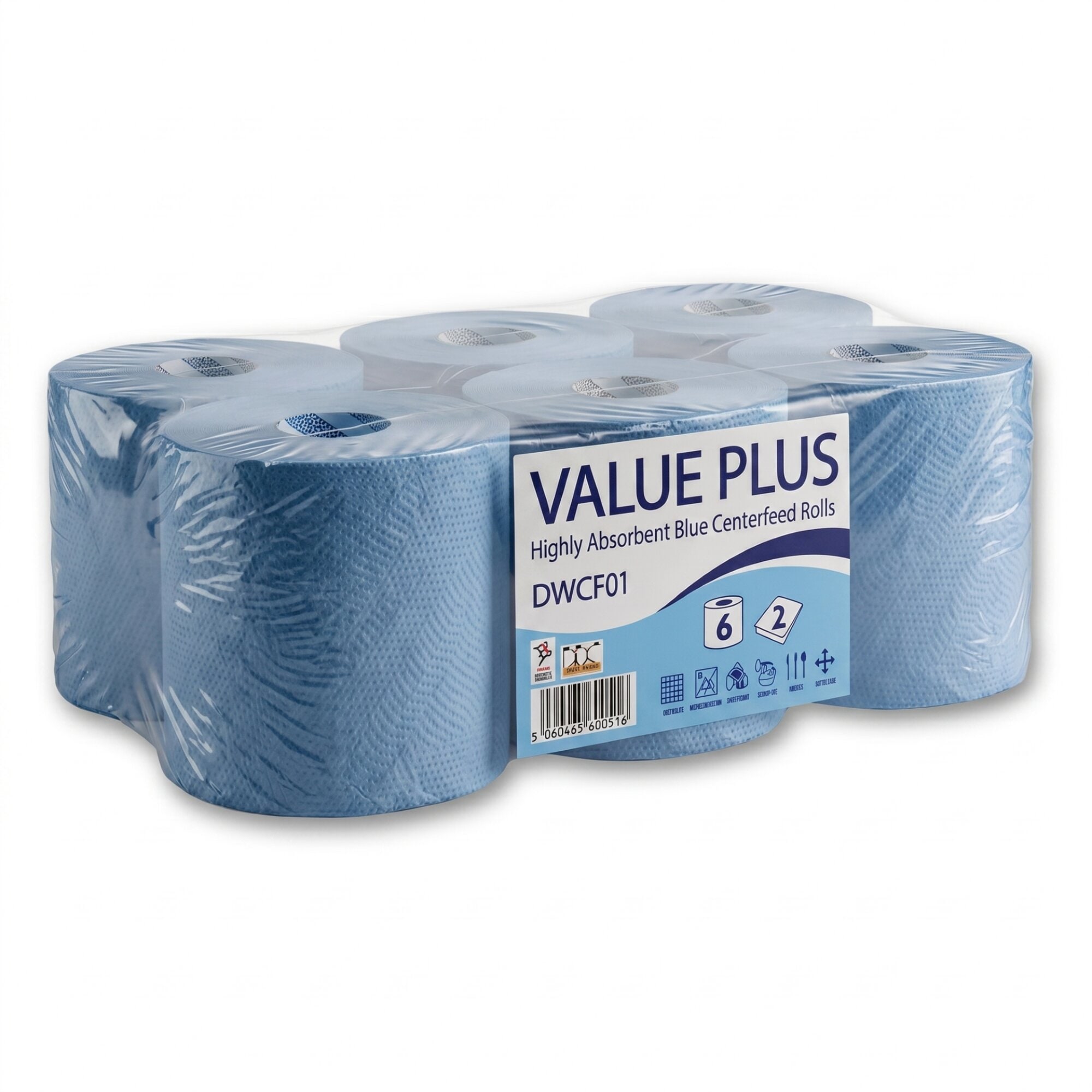 AbsorbAll Blue Centrefeed Paper Rolls, 2-Ply Quilted & Embossed – Super Absorbent & Extra Strong, 6-Roll Pack for Kitchen, Garage, Restaurant & Commercial Cleaning
