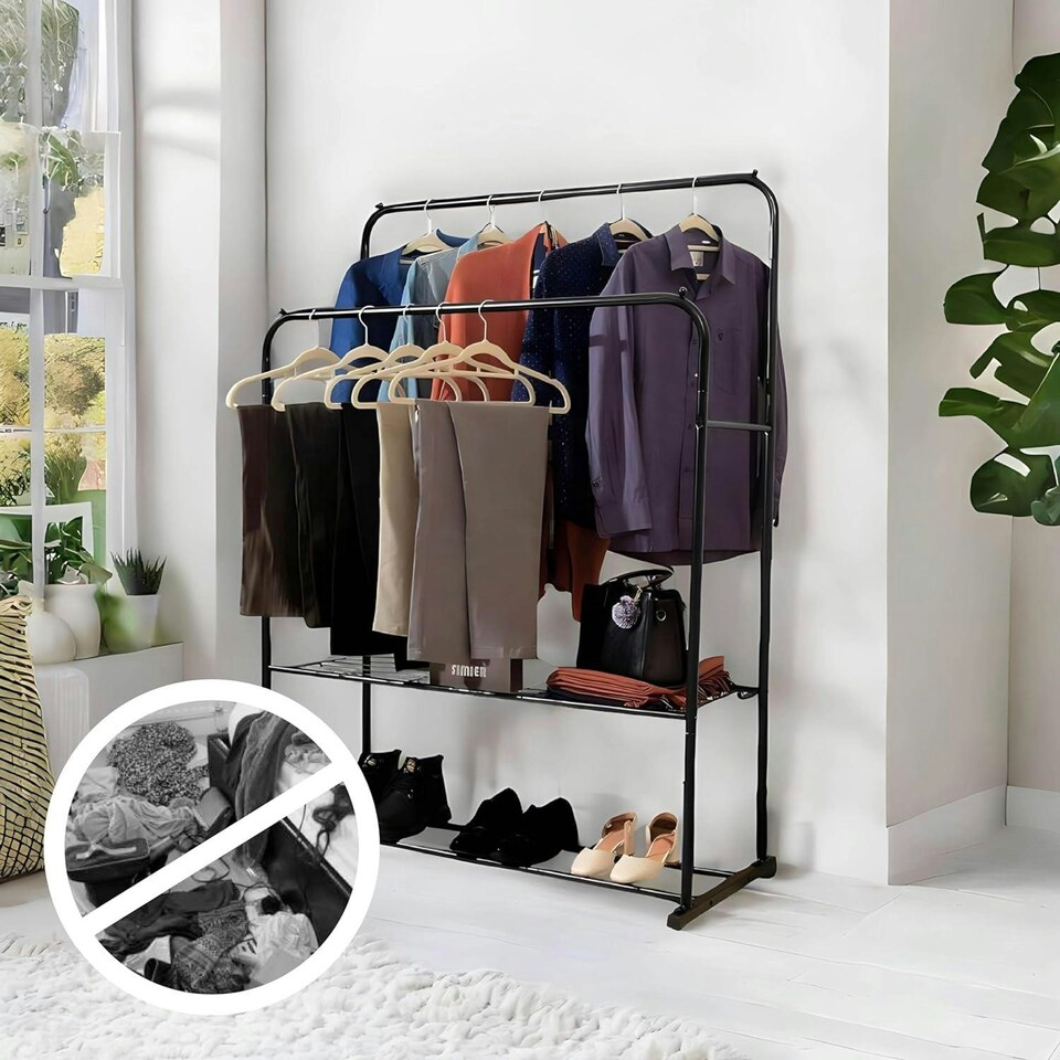 image 1 of Double Clothes Rail Heavy Duty Metal with Shoe Rack Garment Hanger Hat Bag Hooks Black | One Size