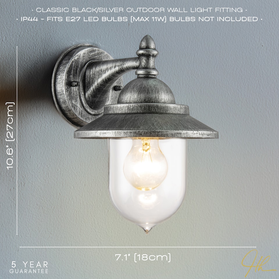 image 1 of Classic Style Outdoor Wall Lamp Lantern in Brushed Black Silver with Clear Shade | Silver