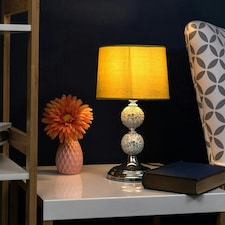 ValueLights Pair of - Decorative Chrome & Mosaic Crackle Glass Table Lamps with a Mustard Shade - Complete with 4w LED Bulbs 3000K Warm White
