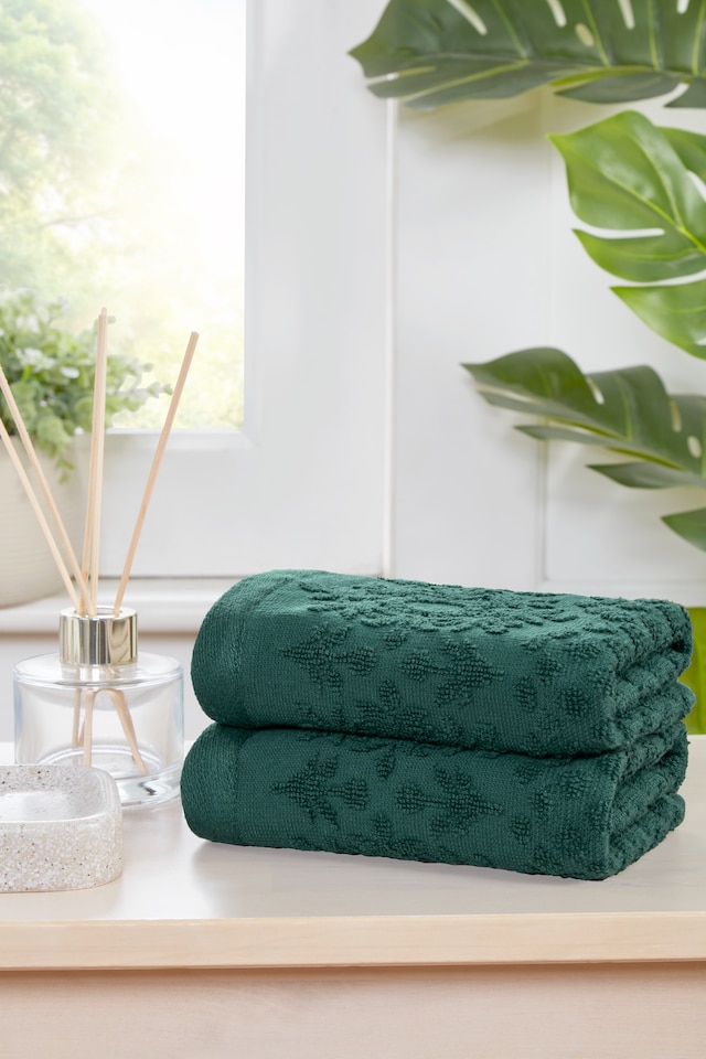 image 1 of Versailles Jacquard Cotton Towels Soft and Absorbent (Set Of 2) | Green | Face cloth | 2