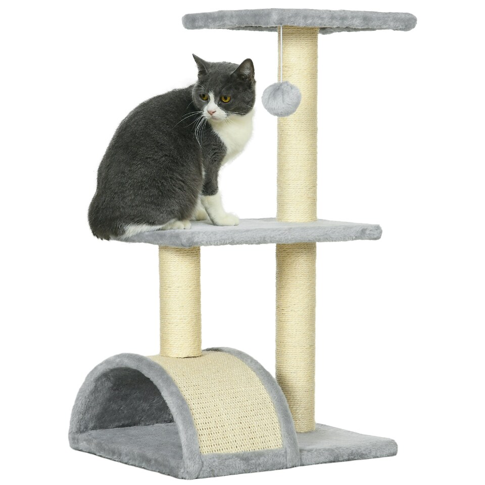 image 1 of PawHut 72cm Cat Tree Tower with Scratching Post Perch, Indoor, Light Grey