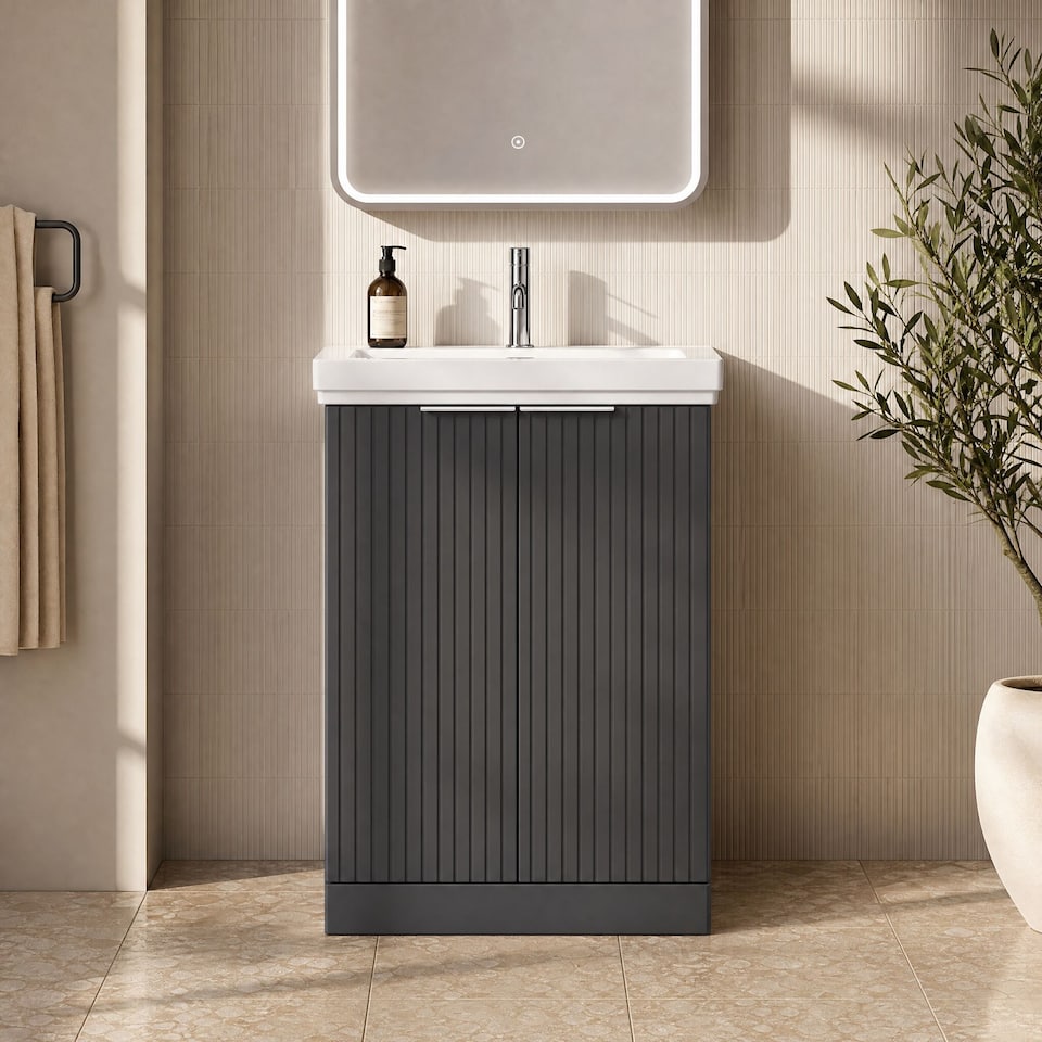 image 1 of Balterley Callingwood Contemporary Floor Standing 2 Door Vanity Unit with Traditional 1 Tap Hole Fireclay Basin , 600mm, Dark Grey