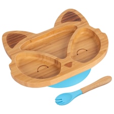 Tiny Dining Bamboo Fox Baby Weaning Plate & Fork Set - Blue