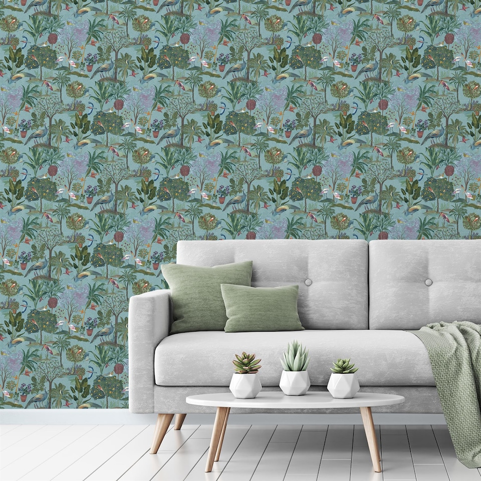 image 1 of Grandeco Exotic Garden Teal Wallpaper Birds Botanical Paste The Paper Exclusive