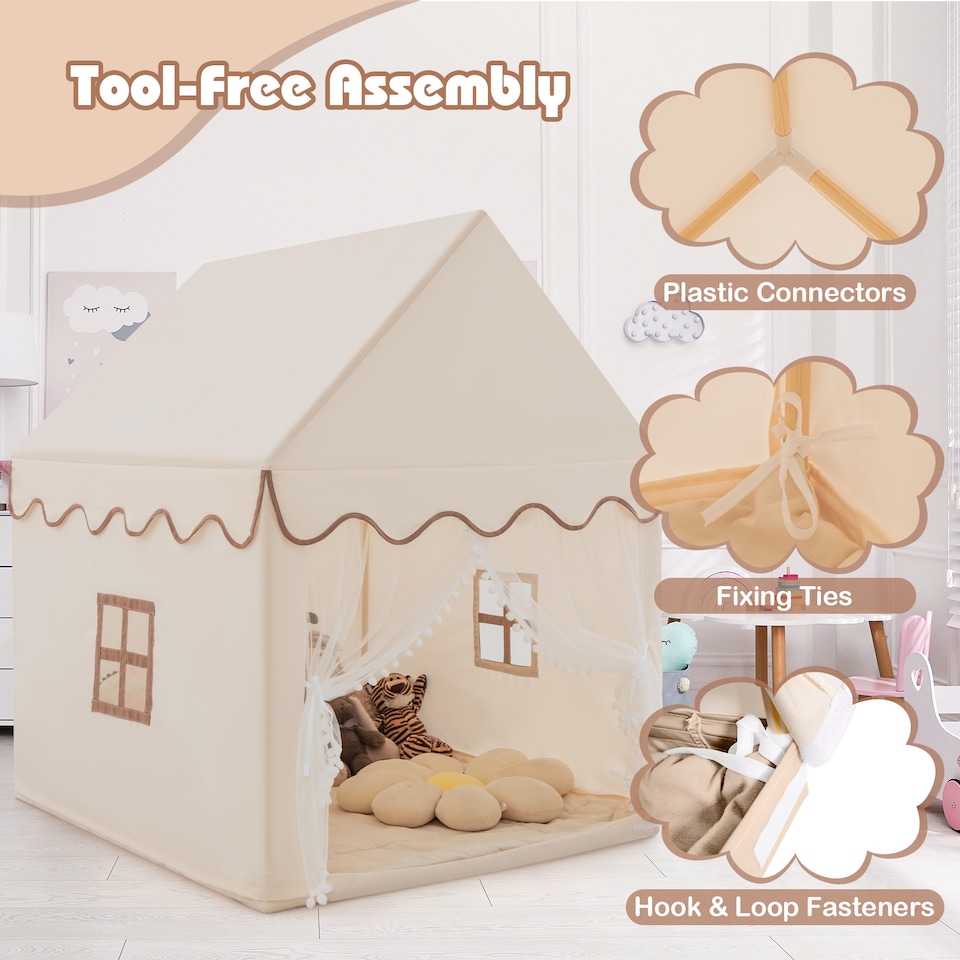 image 1 of COSTWAY Kids Play Tent Indoor Playhouse with Padded Mat-Beige