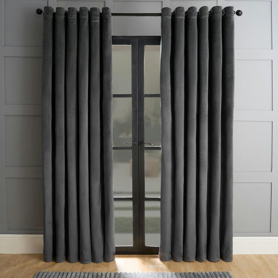 image 1 of OHS Matte Velvet Thermal Lined Eyelet Curtains, 66x90" - Charcoal